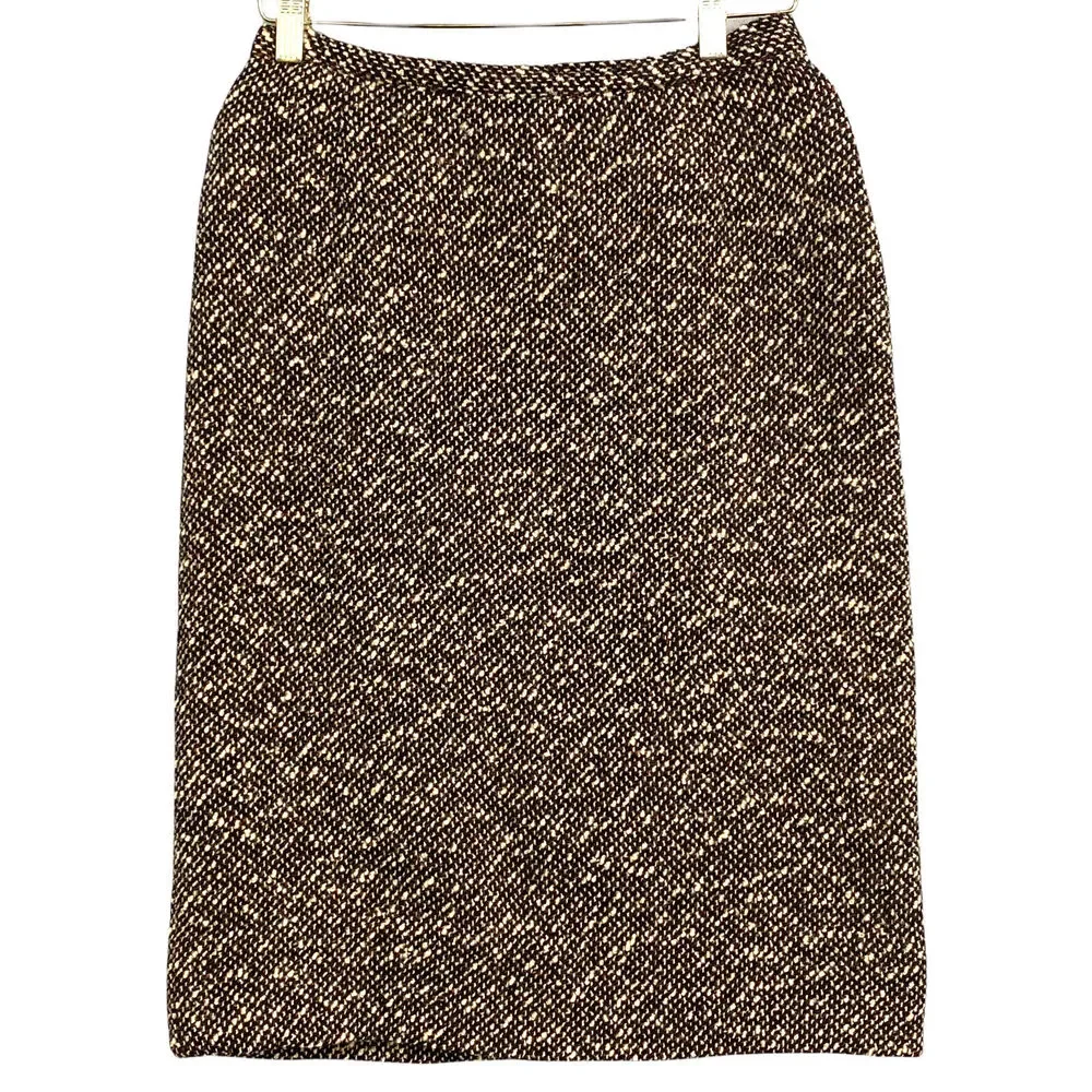 VTG Midi Pencil Skirt Womens M Brown Wool Tweed Mohair Straight Career Preppy